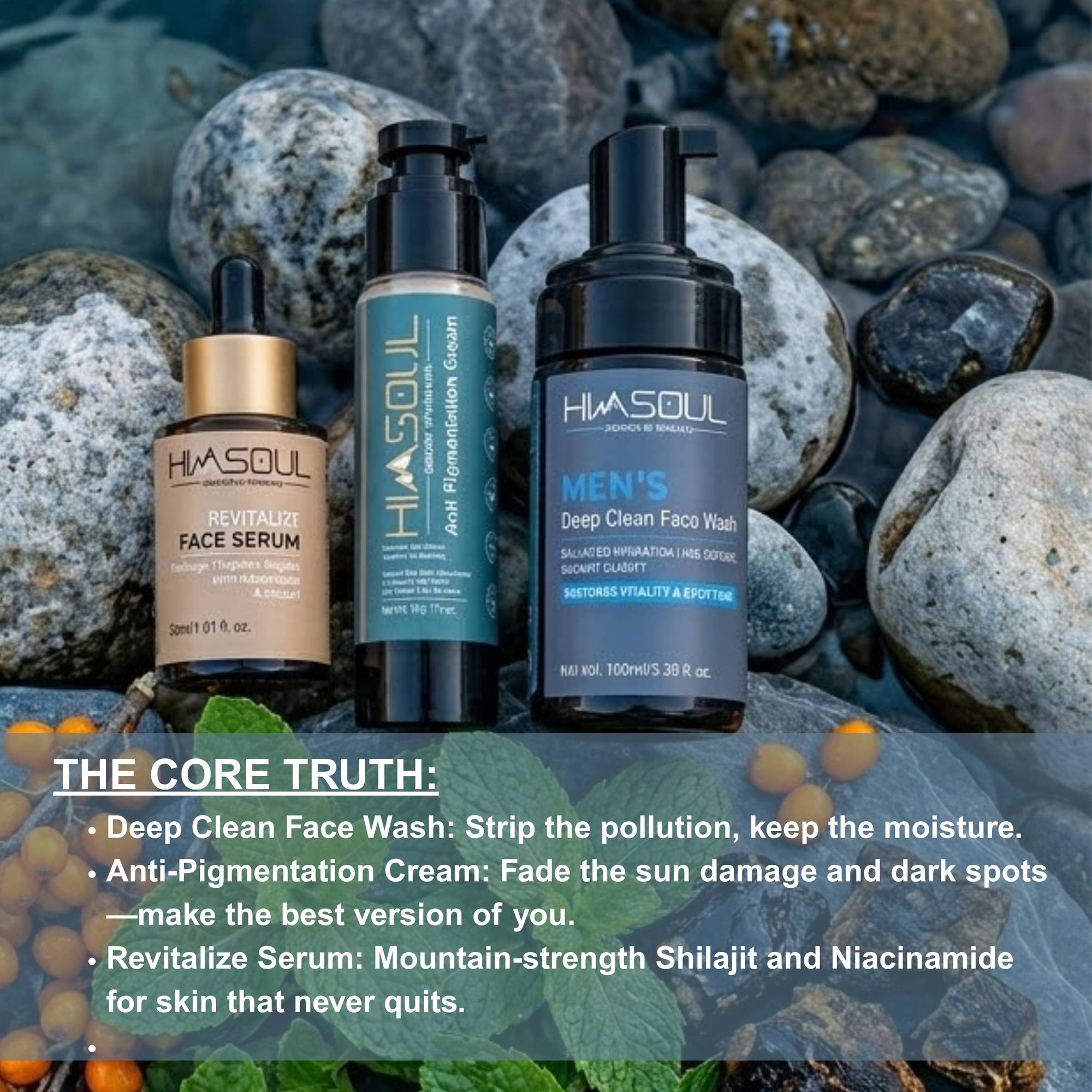Detailed product view of Himsoul Men's Face Serum and Repair Cream, highlighting mountain-strength Niacinamide and natural ingredients for fading dark spots and building skin resilience.