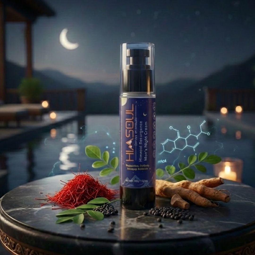 Premium Himsoul Resurgence Night Cream placed on a MARBLE  TABLE by a luxury resort pool at night, highlighting elite skincare for the modern traveler.