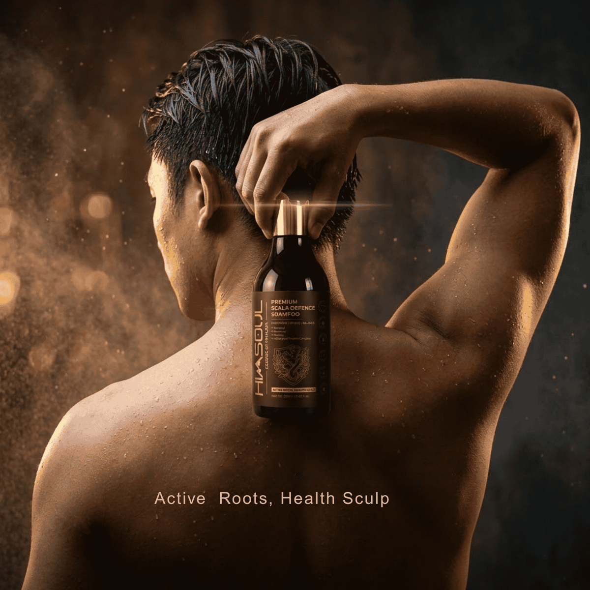 Man holding Himsoul Premium Scalp Defence Shampoo to strengthen active roots, prevent hair thinning, and maintain a healthy scalp balance.