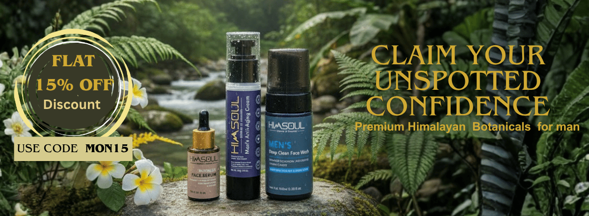 Himsoul men's skincare set featuring Deep Clean Face Wash, Anti-Aging Cream, and Face Serum with flat 15 percent discount code MON15