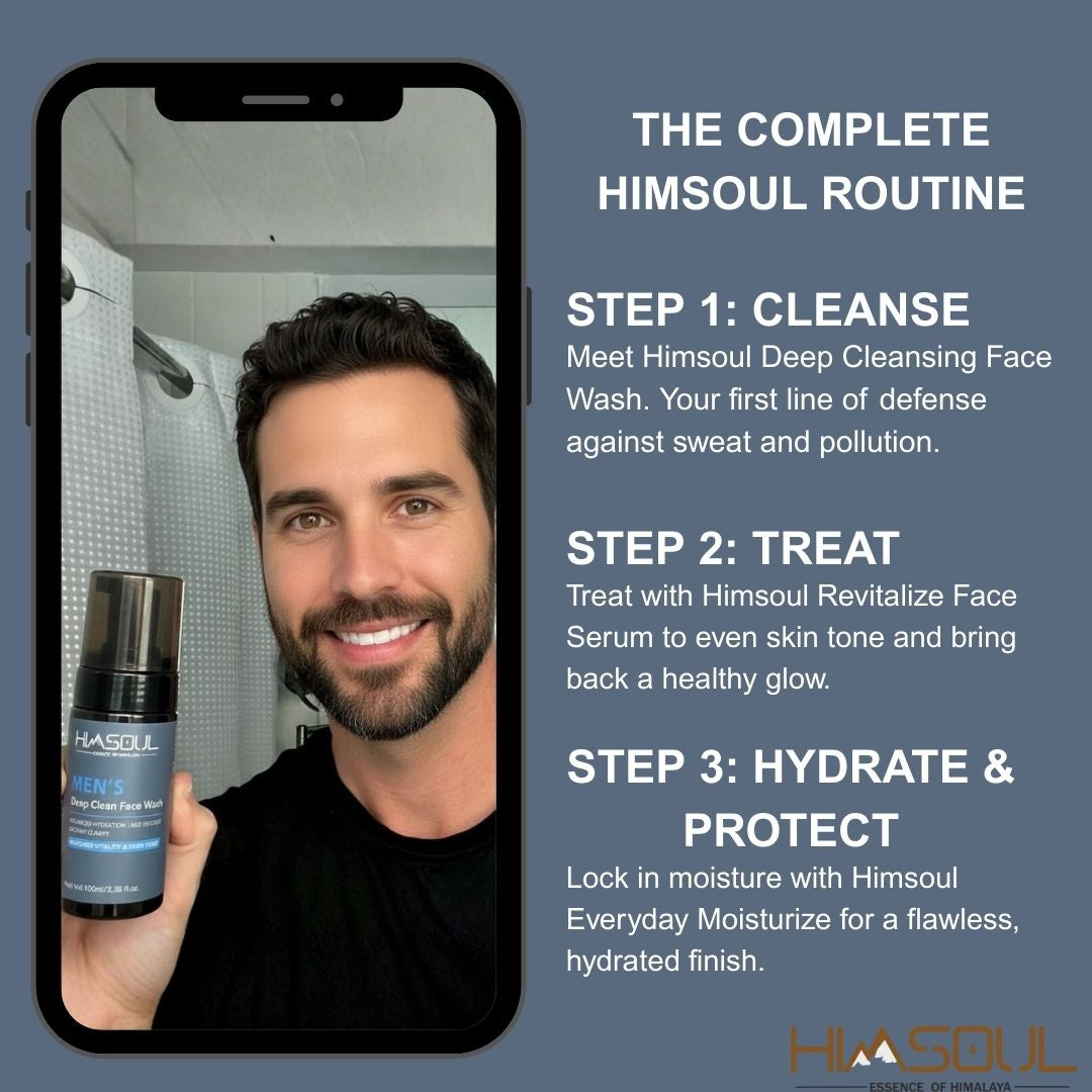 Complete HimSoul skincare routine for men including face wash serum and moisturizer.