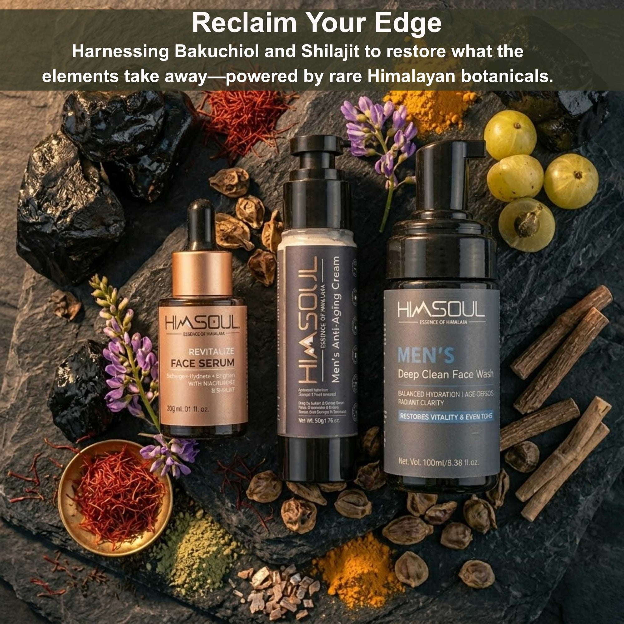 Himsoul Men's 3-step skincare routine featuring Deep Clean Face Wash, Revitalize Serum, and Age-Defy Cream displayed in a lush Himalayan forest with a flowing river and mountain peaks.