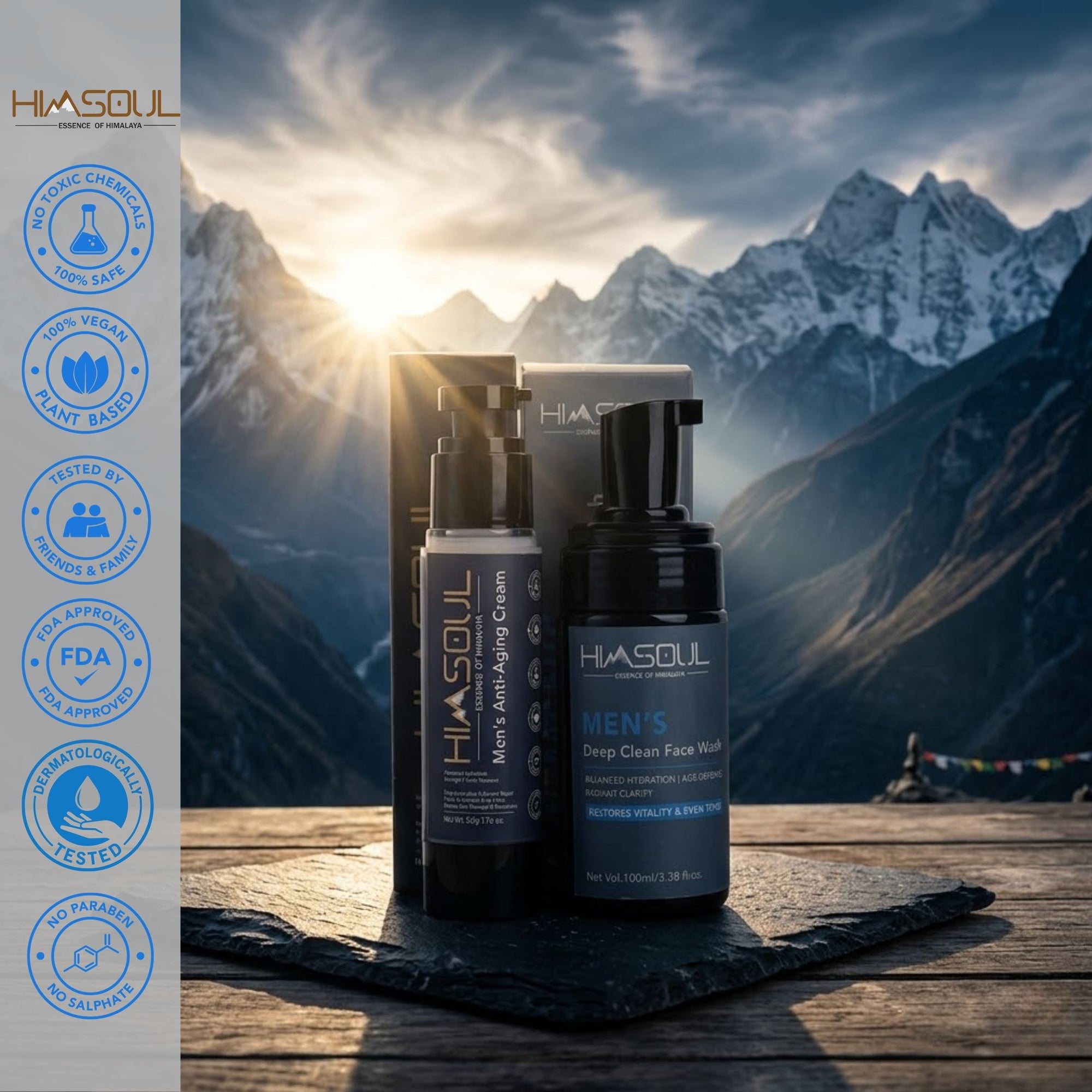 Himsoul Men’s Deep Clean Face Wash and Anti-Aging Cream displayed on a wooden deck overlooking a sunset in the Ladakh mountains, featuring trust badges for Vegan, Toxin-Free, and FDA approved.