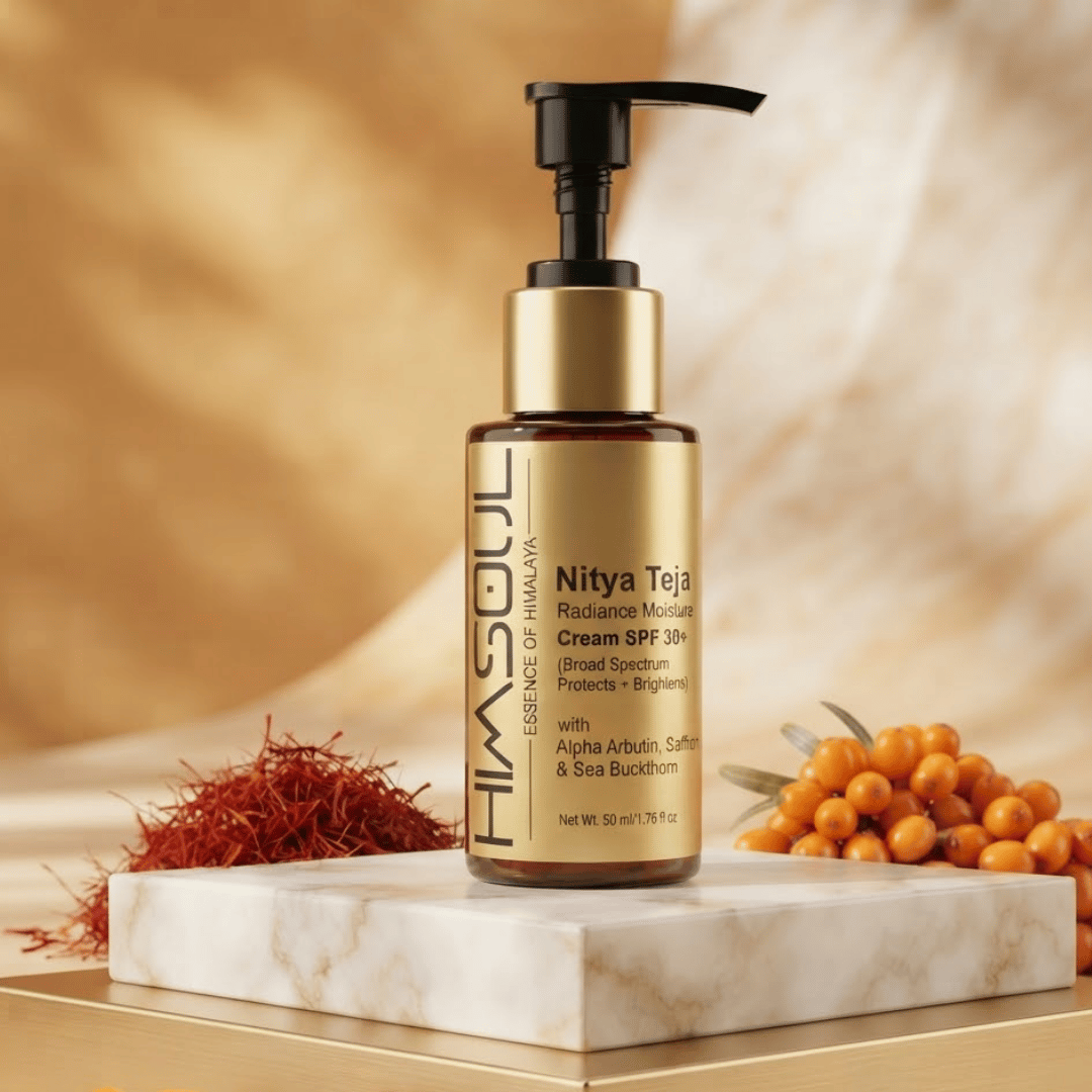 Luxury Himsoul Nitya Teja Radiance Moisture Cream SPF 30+ in a gold bottle, featuring Saffron and Sea Buckthorn for skin brightening.