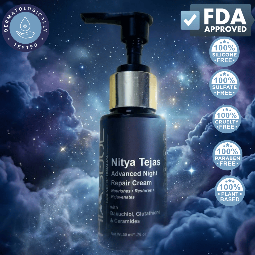 Himsoul Nitya Tejas Advanced Night Repair Cream bottle against a starry night background showing FDA Approved, Dermatologically Tested, and 100% Plant-Based badges.
