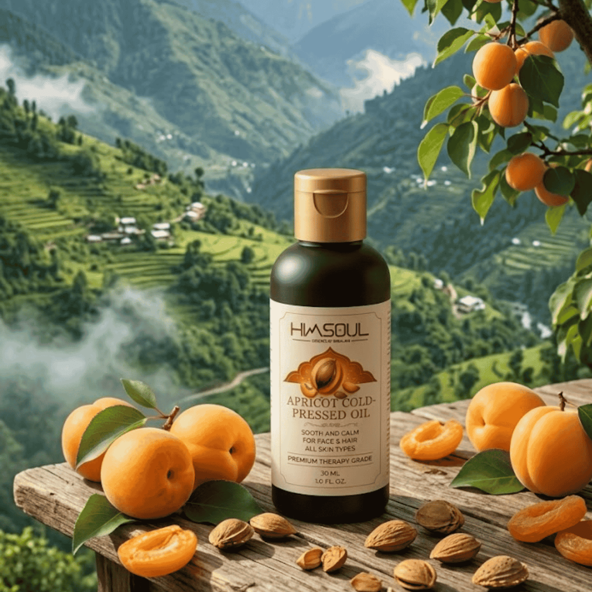 Himsoul cold-pressed wild apricot oil bottle soothing dry skin and restoring face and scalp moisture, surrounded by traditional stone mortar and wild apricot seeds.