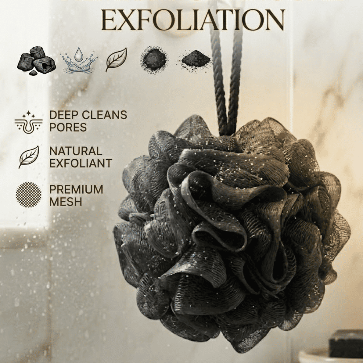 Himsoul charcoal infused shower body scrubber loofah hanging on a brass bathroom peg for rich lathering and gentle exfoliation.