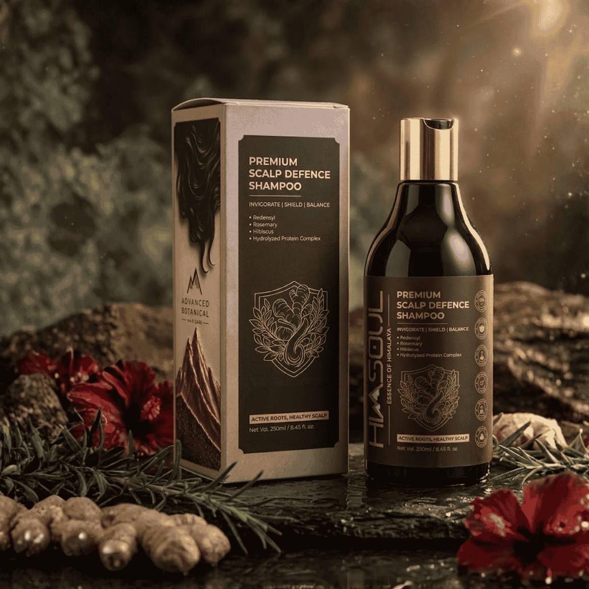 Himsoul Premium Scalp Defence Shampoo bottle and box on wet mountain rock with fresh rosemary sprigs and botanical herbs for hair fall control.