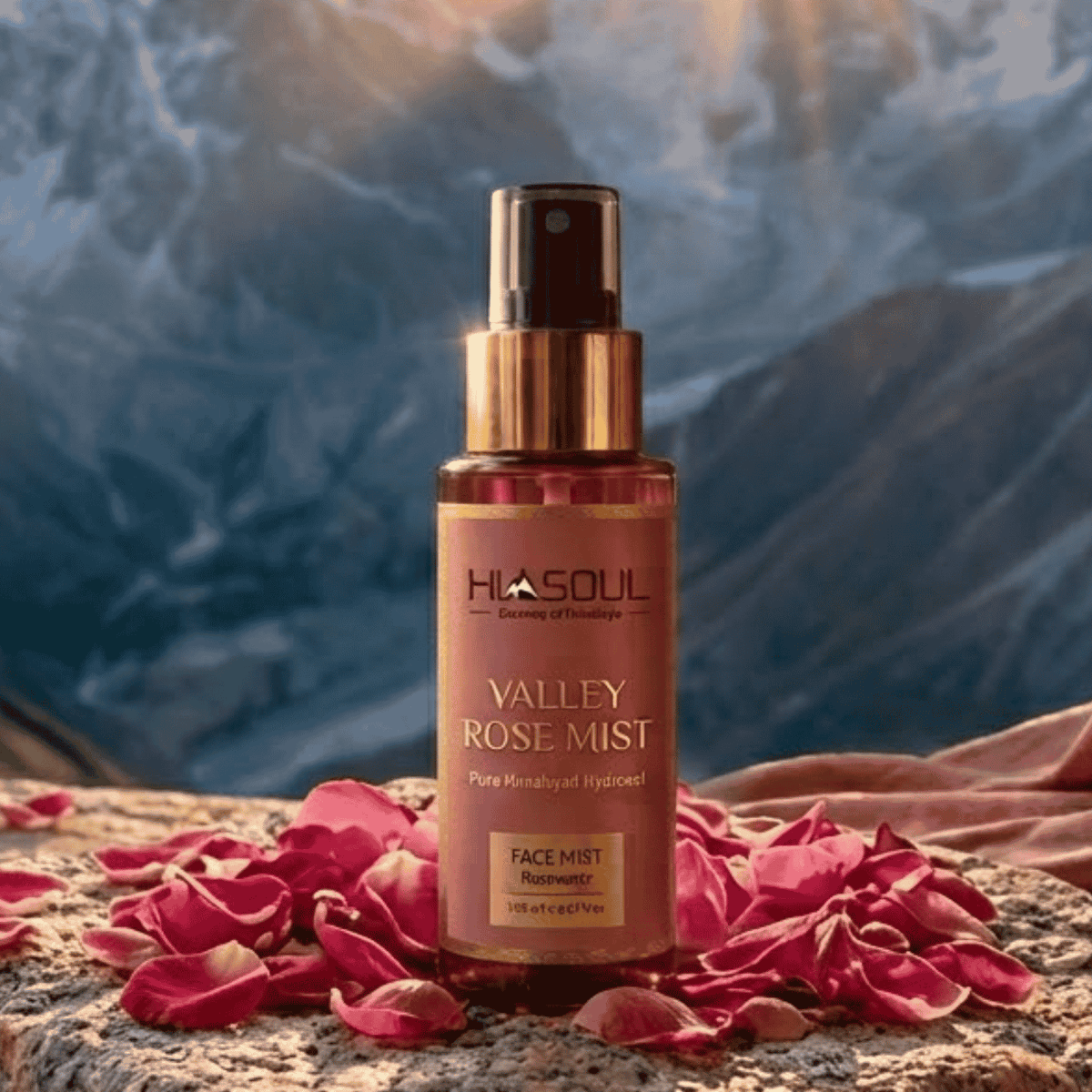 Himsoul Valley Rose Mist pure Himalayan rose water facial spray hydrating, soothing, and toning skin while reducing pores, displayed in a scenic mountain setting.