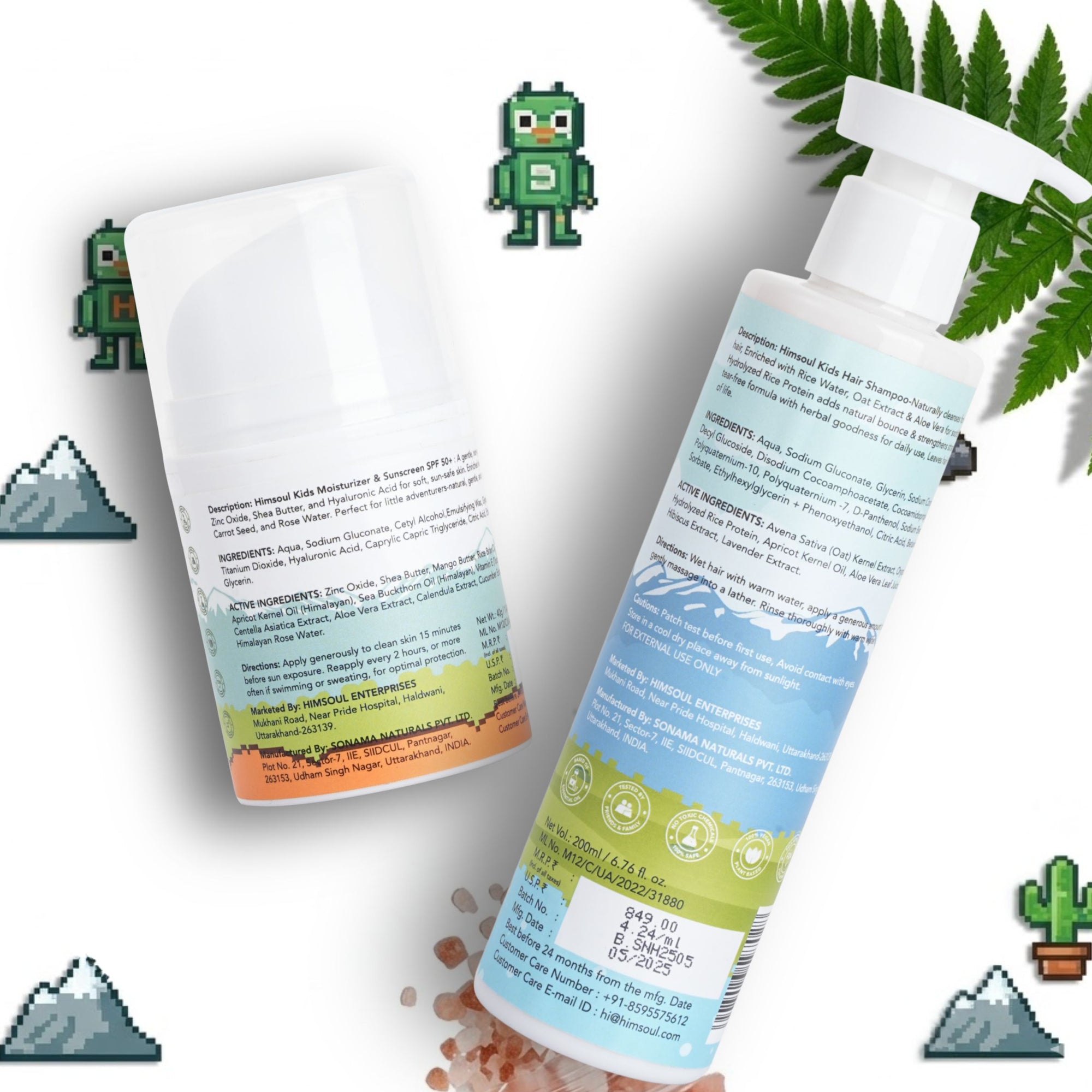 Label for Himsoul Kids Hair Shampoo showing ingredients: Oat Extract, Rice Water, Apricot, and Hibiscus. Text states it is Plant-Based, Chemical-Free, and pH Balanced