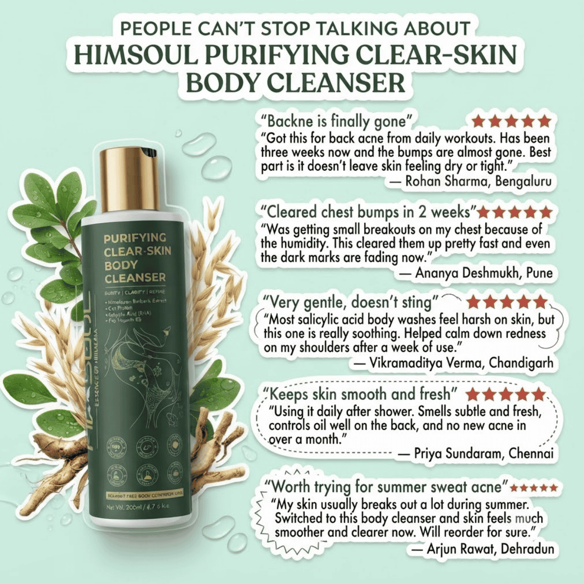 Verified customer reviews and ratings for Himsoul Purifying Clear-Skin Body Cleanser highlighting fast clearance of backne and chest breakouts.
