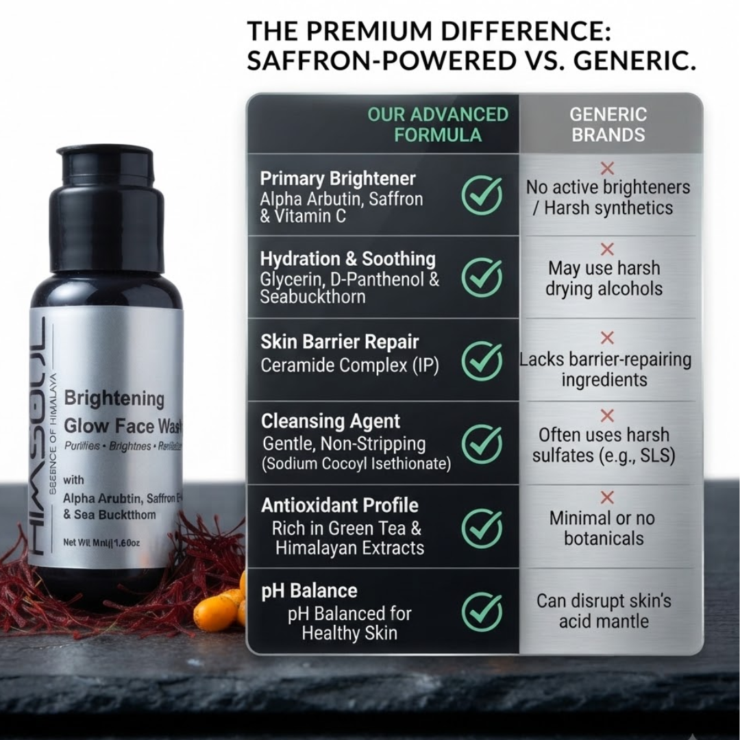 Comparison table showing Himsoul advanced saffron-powered face wash formula benefits versus generic skincare brands containing harsh synthetics.