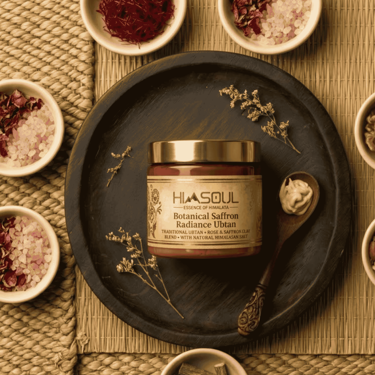 Himsoul Botanical Saffron Radiance Ubtan de-tan face pack with natural Himalayan salt, Saffron, and Rose Clay for skin brightening and natural glow.