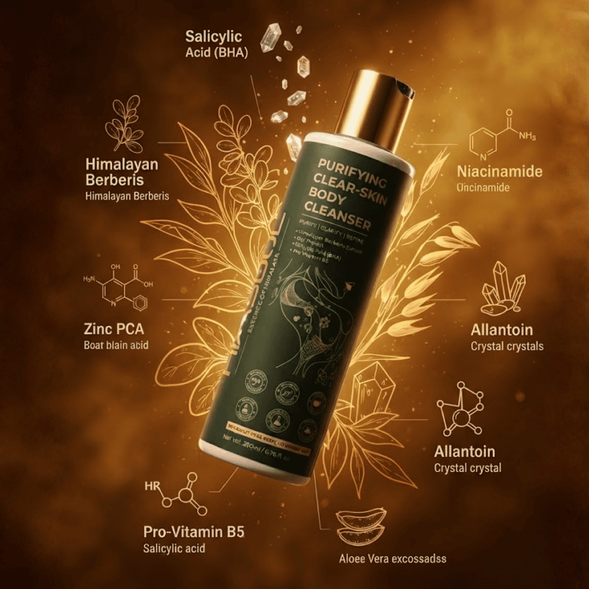Formula breakdown of Himsoul body wash showing Salicylic Acid BHA, Niacinamide, Zinc PCA, Allantoin, Pro-Vitamin B5, and Aloe Vera for pore clearing.
