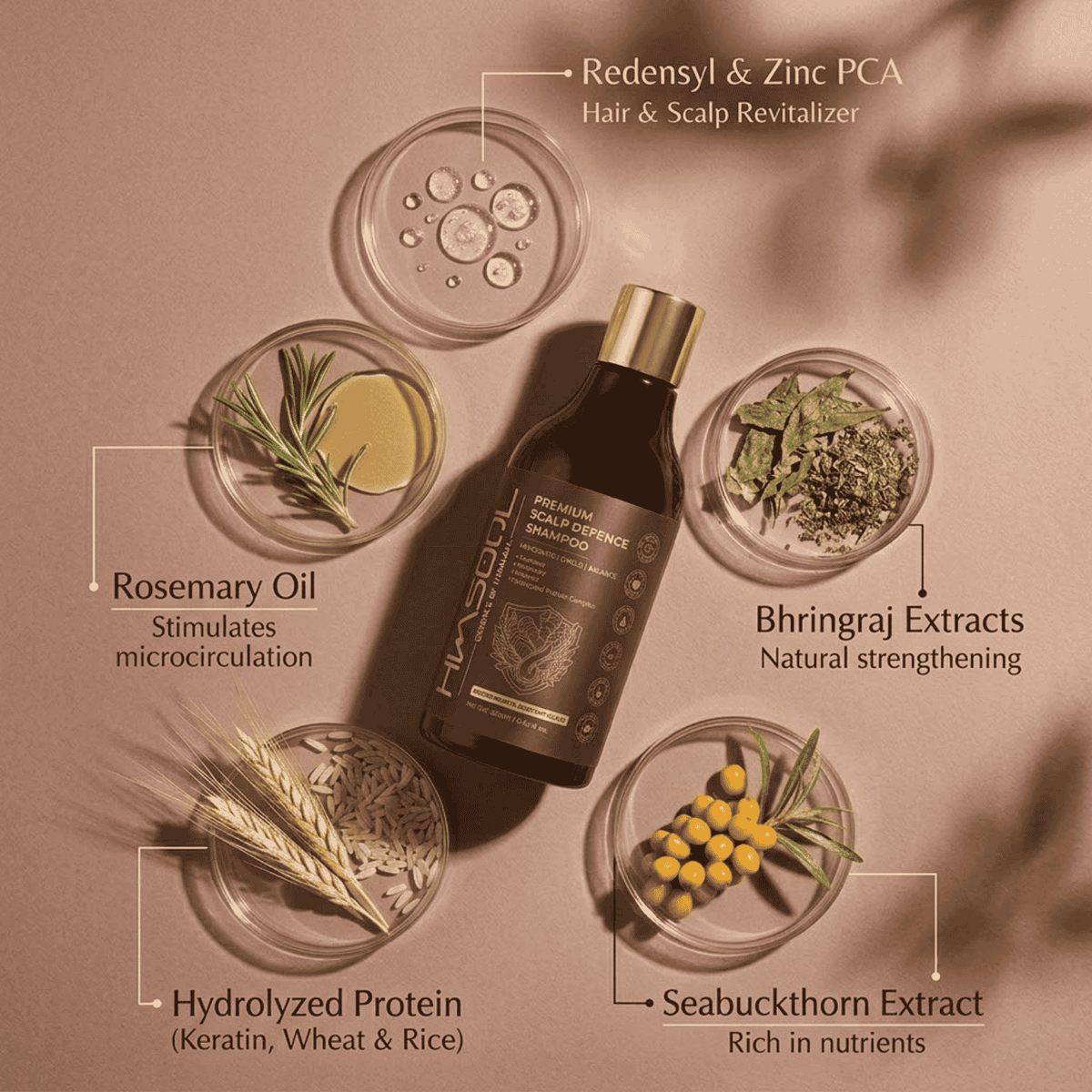 Himsoul anti-hair fall shampoo key active ingredients breakdown including Redensyl, Zinc PCA, Rosemary Oil, Bhringraj, and Hydrolyzed Protein for follicle stimulation.