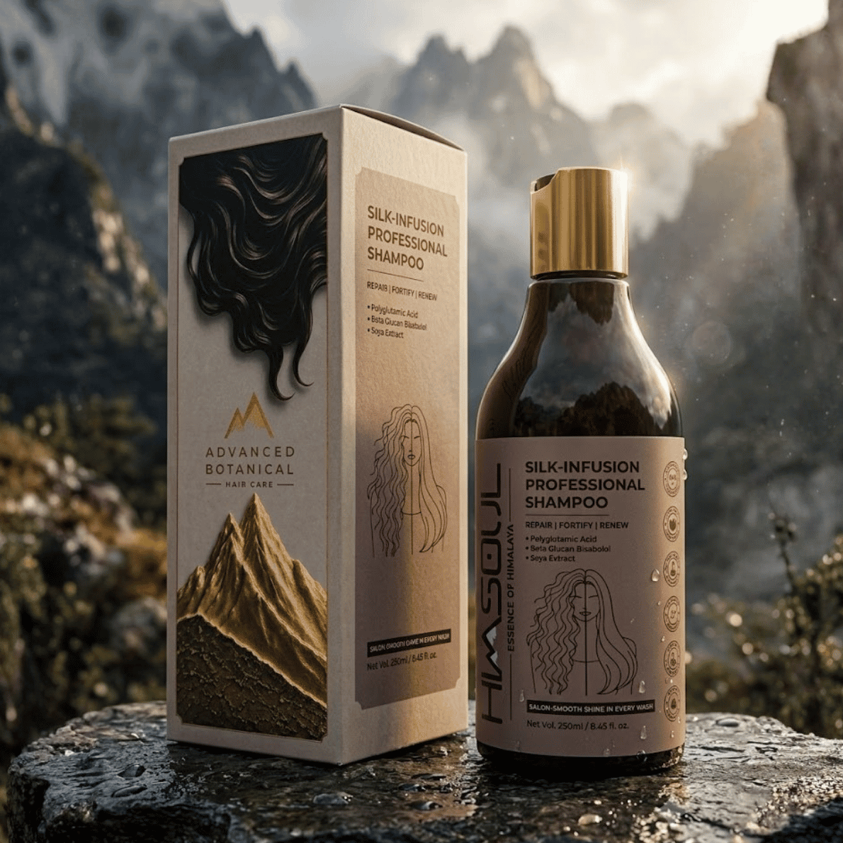 Himsoul Silk-Infusion Professional Shampoo bottle and box on wet mountain stone, formulated with Polyglutamic Acid to repair dry damaged hair and fortify strands.