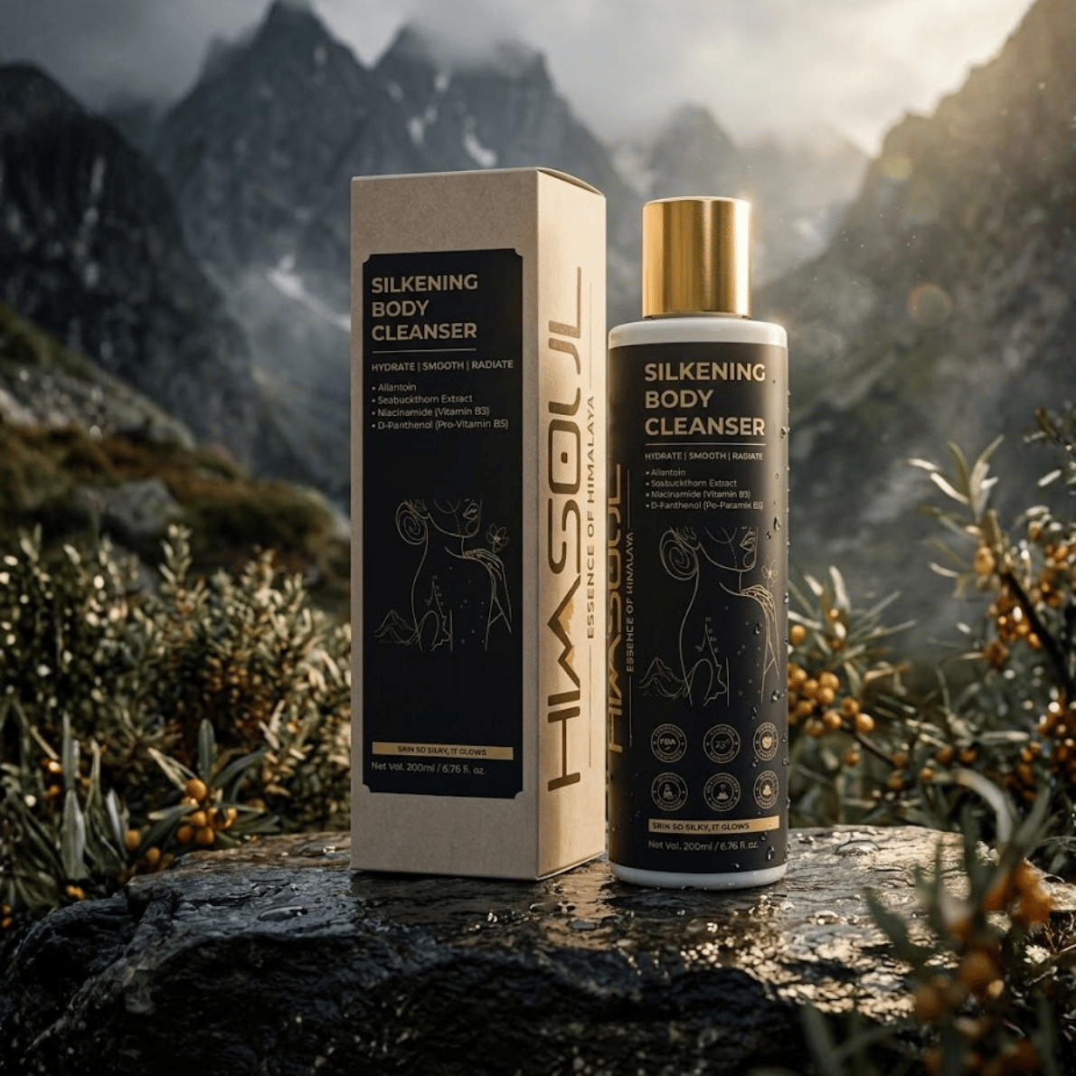 Himsoul Silkening Body Cleanser container and outer packaging box displayed on a wet mountain stone with high-altitude Himalayan peaks in the background.