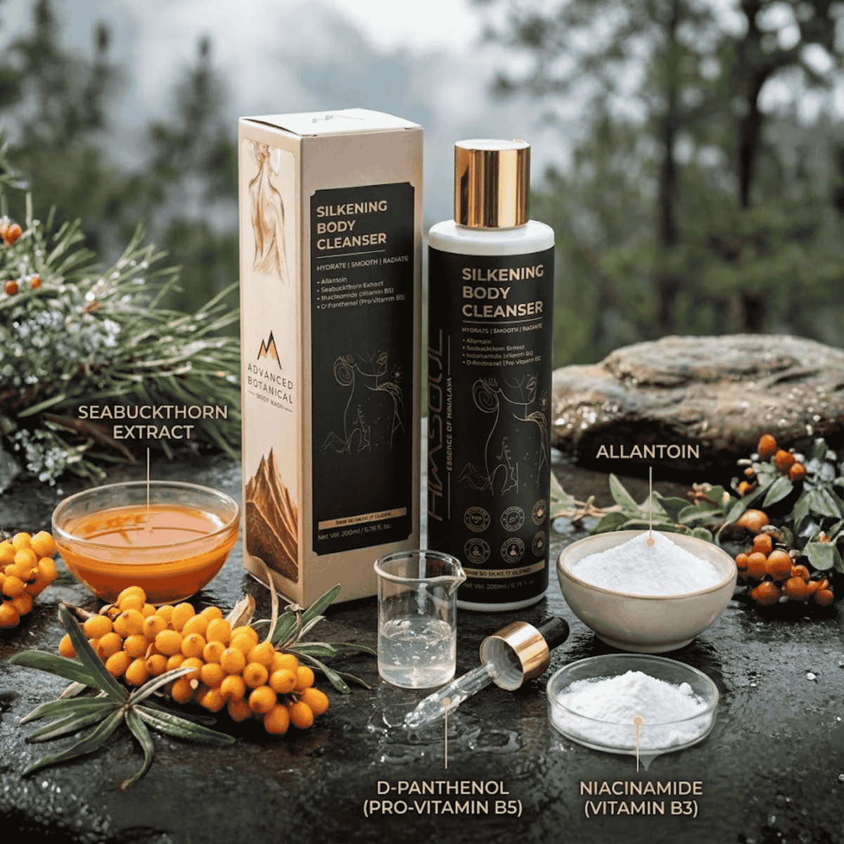 Flatlay breakdown of Himsoul body wash botanical ingredients including fresh Seabuckthorn berries, Allantoin powder, D-Panthenol, and Niacinamide.