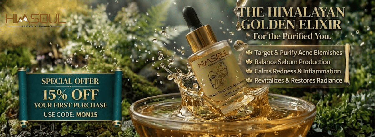 Himsoul Teen Anti-Acne Serum Golden Elixir targeting blemishes, sebum control, and redness with code MON15