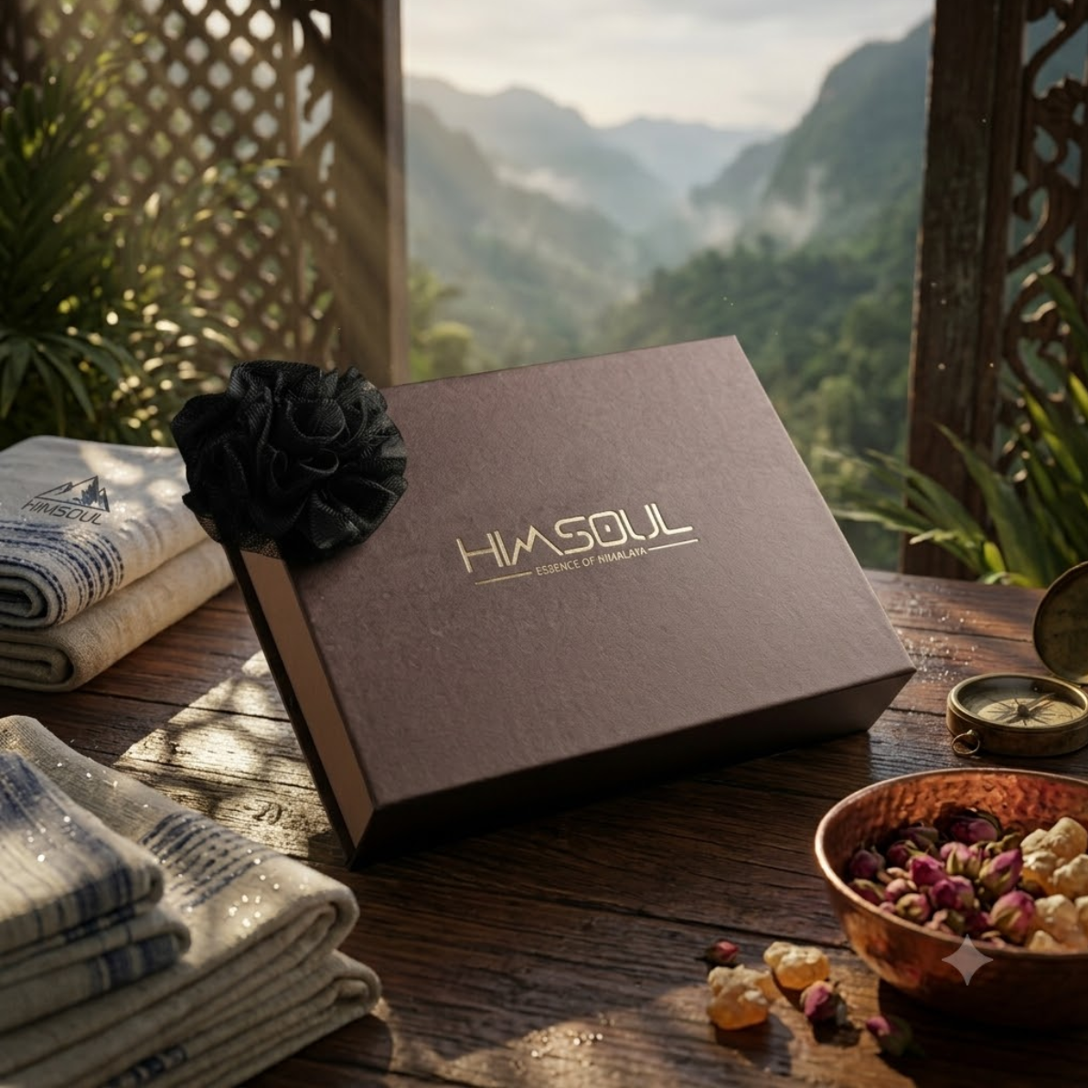Himsoul Velvet-Mocha rigid presentation box styled with a black mesh flower rosette set on a wooden table in a serene spa setting.