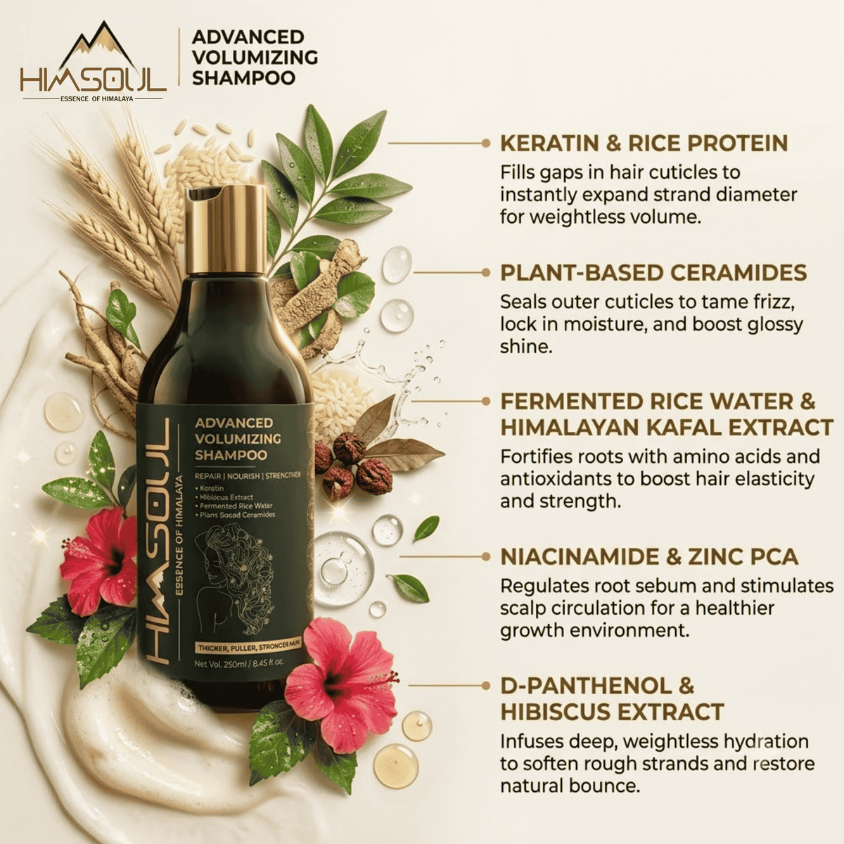 Infographic detailing key active ingredients of Himsoul Volumizing Shampoo including Keratin, Rice Protein, Plant Ceramides, Himalayan Kafal Extract, and Niacinamide.