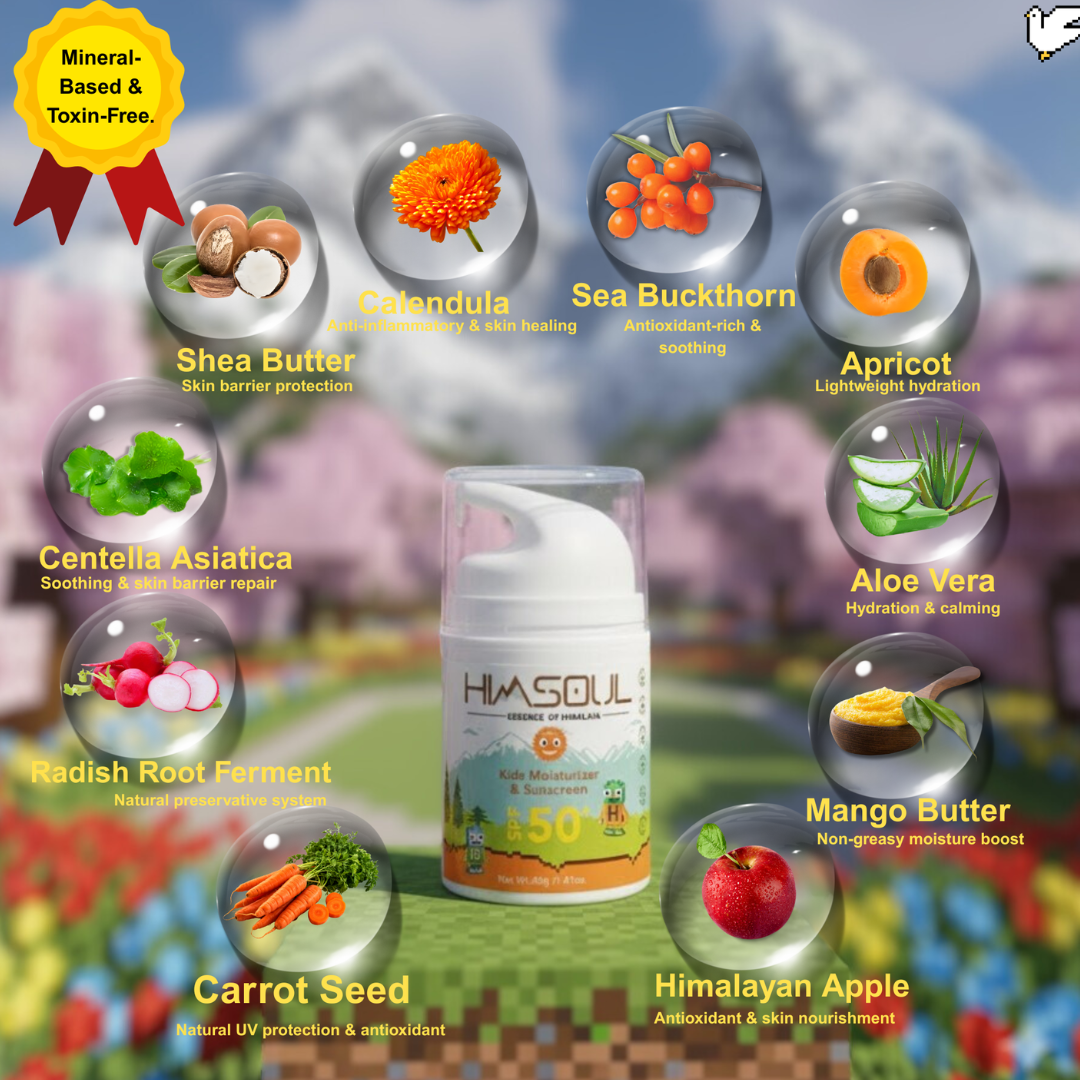 Natural ingredients for kids moisturizer and SPF 50 including Shea Butter, Calendula, Aloe Vera, and Himalayan Apple.