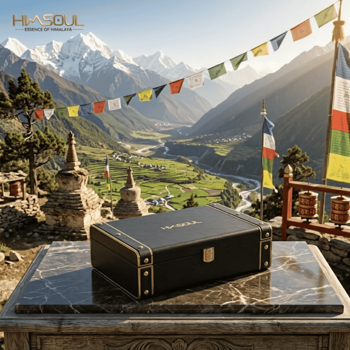 Himsoul Heritage black leatherette gift trunk with brass fittings resting on a slate table with Himalayan valley and prayer flags in the background