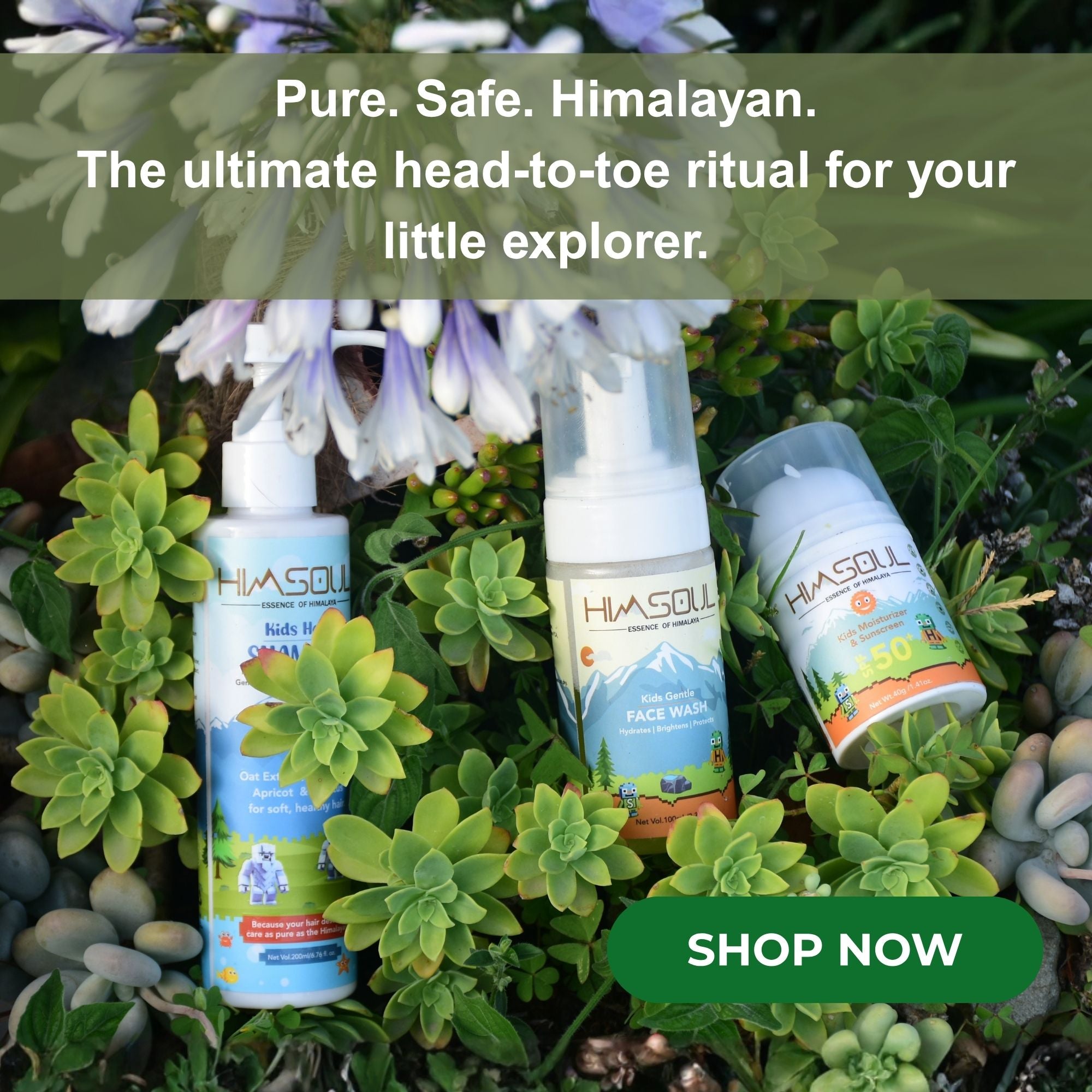 Close-up of Himsoul Kids Moisturizer and Sunscreen SPF 50 with Himalayan sea buckthorn and mint, emphasizing pure, mineral-based sun protection for children.