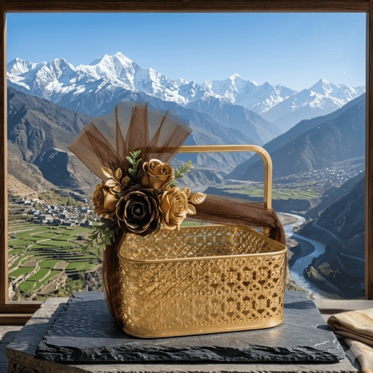 Himsoul Royal Sovereign gold lattice hamper basket decorated with brown organza ribbon and metallic roses against a scenic Himalayan mountain backdrop.