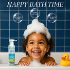 A child enjoying a fun, safe bath time with Himsoul's natural, foam-based shampoo.