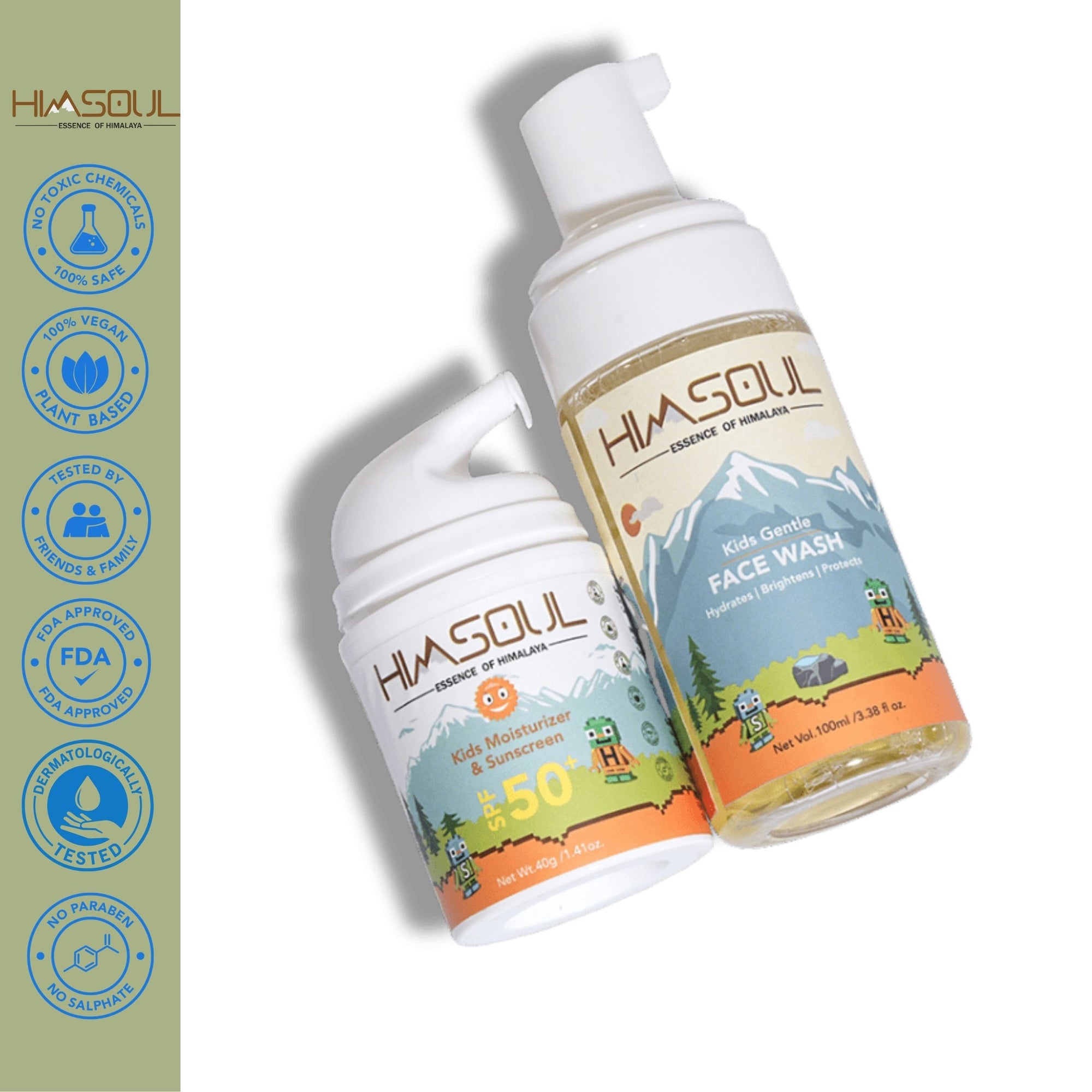 Flat lay of Himsoul kids skincare products with Himalayan pink salt, green fern leaf, and pixel-art mountain icons on a textured fabric background.