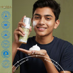 Teenage boy using Himsoul natural acne wash for all skin types featuring a non-toxic, vegan, and paraben-free formula.