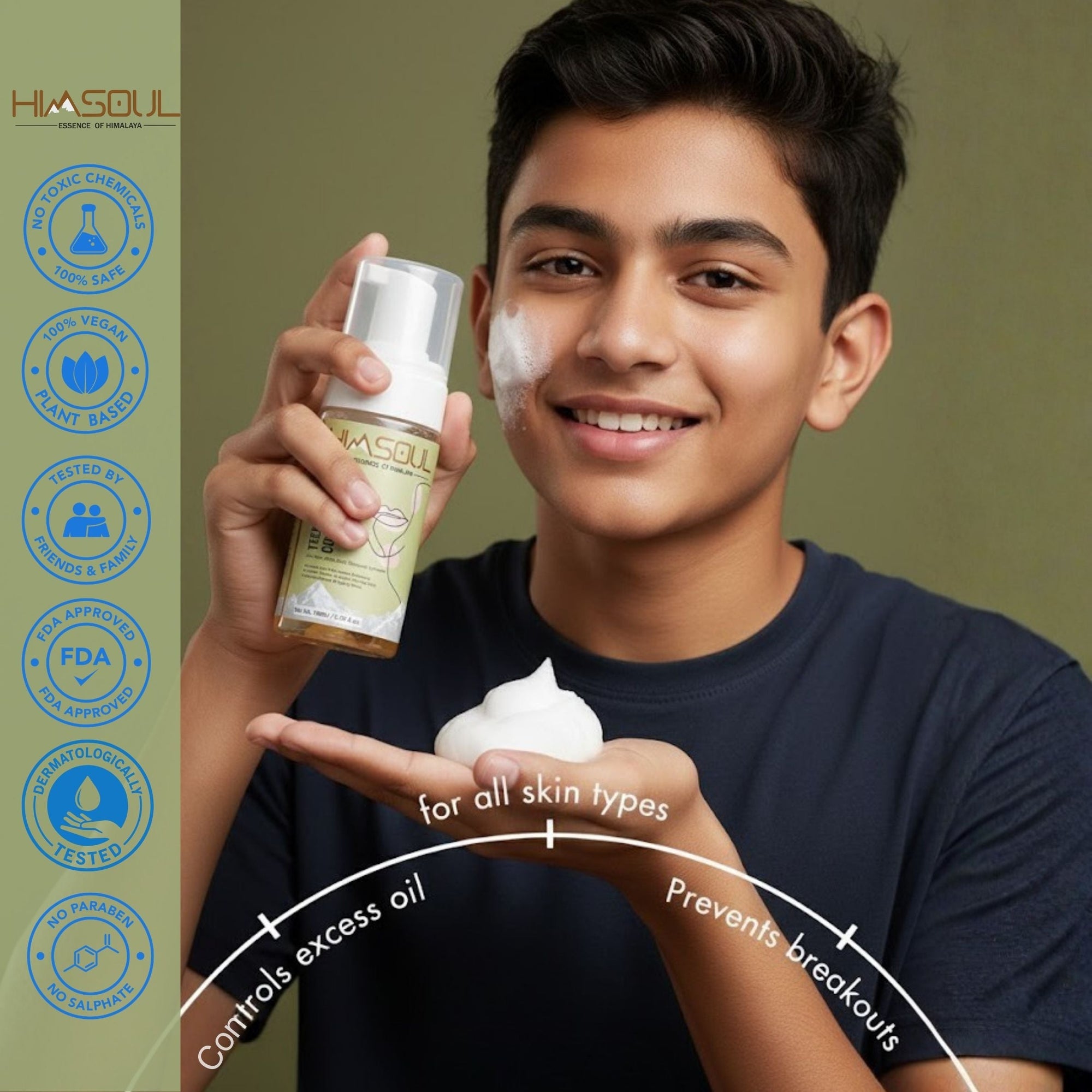 Teenage boy using Himsoul natural acne wash for all skin types featuring a non-toxic, vegan, and paraben-free formula.