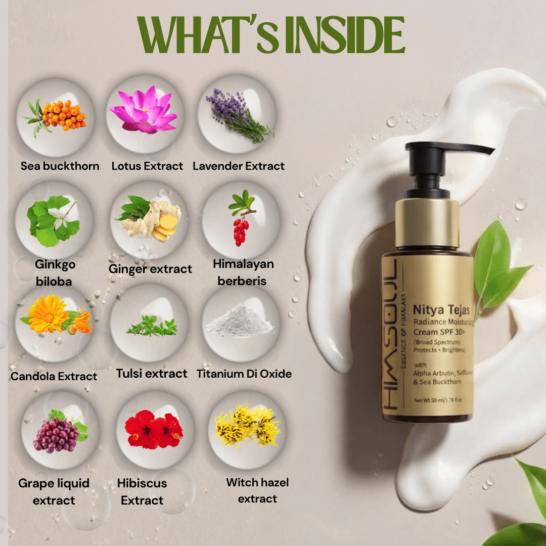 Infographic showing the 12 natural ingredients in best day cream Himsoul Nitya Teja, including Sea Buckthorn, Lotus, Lavender, Saffron, Alpha Arbutin, and Titanium Dioxide for UV protection.