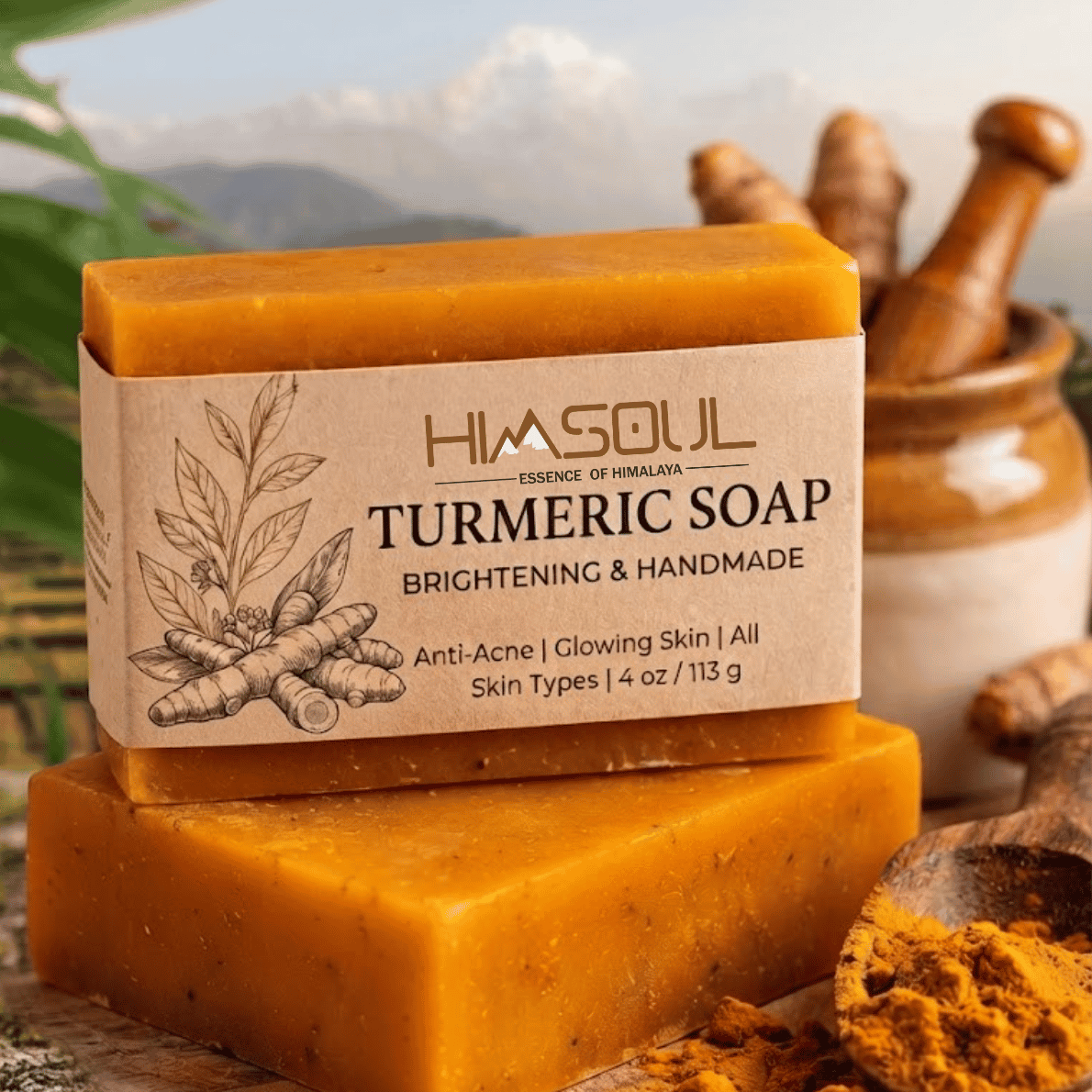 Flat lay of Himsoul organic Turmeric Soap bar surrounded by ground turmeric powder, fresh roots, and green foliage for natural skin glow.
