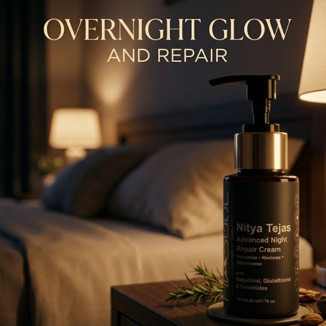 Himsoul Nitya Tejas Advanced Night Repair Cream on a nightstand in a dimly lit bedroom under the headline Overnight Glow and Repair.