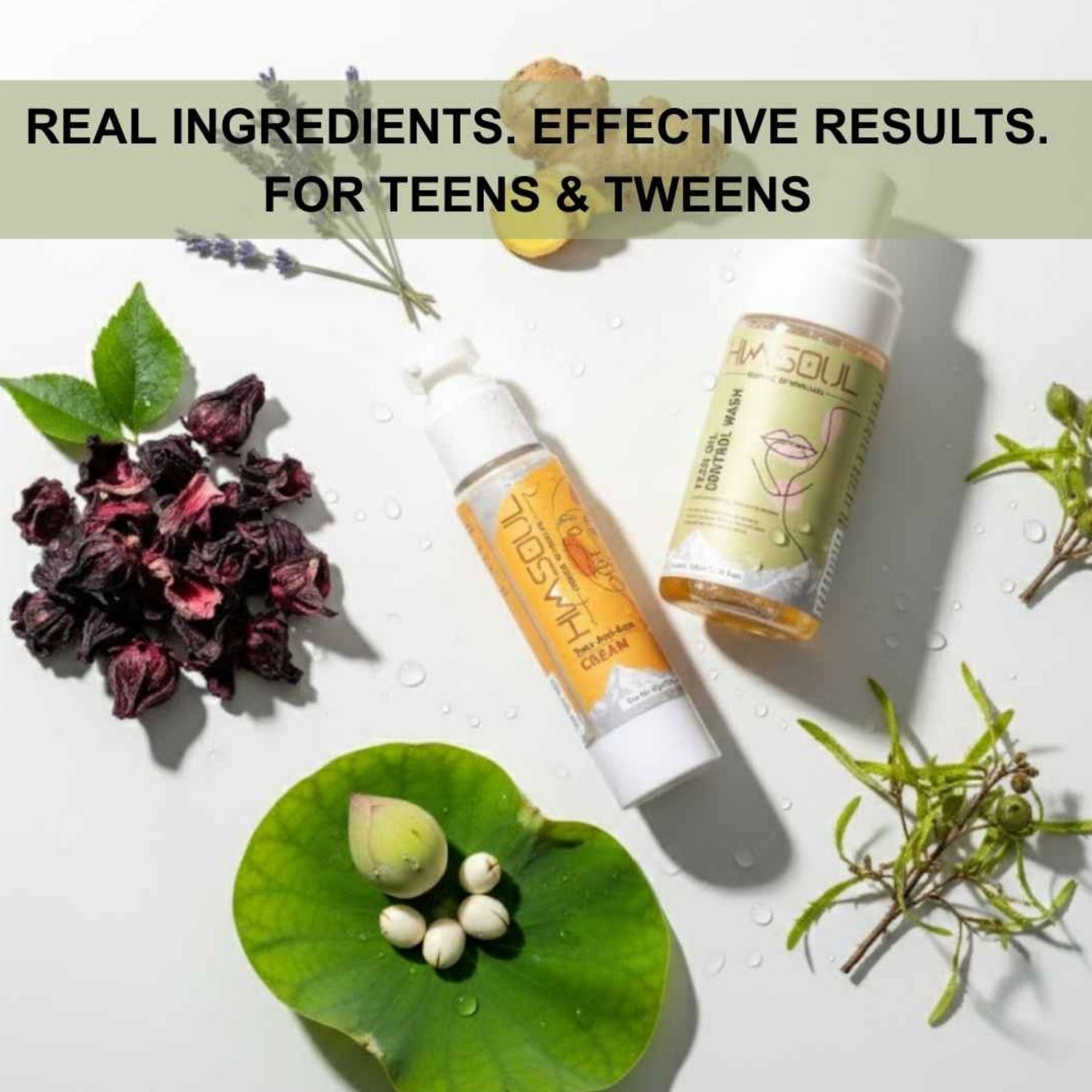 fLatlay of Himsoul teen and tween skincare products surrounded by real Himalayan ingredients like hibiscus, lotus, and lavender.